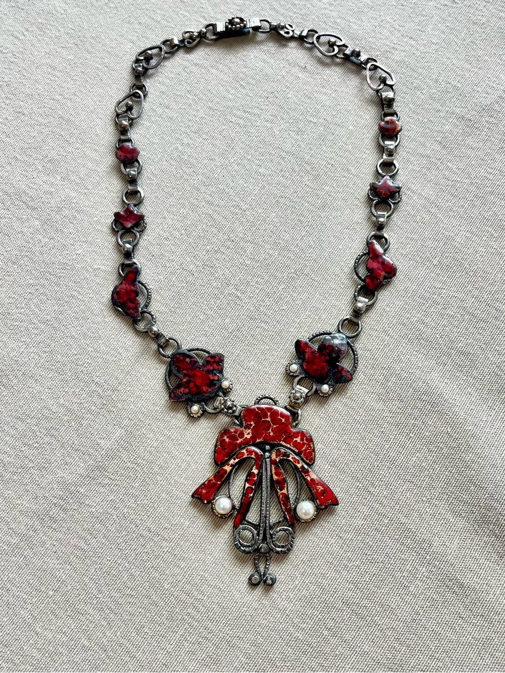 PETTEE Vintage Butterfly Moth Pearls Carnelian Hearts Solid 925Silver Necklace